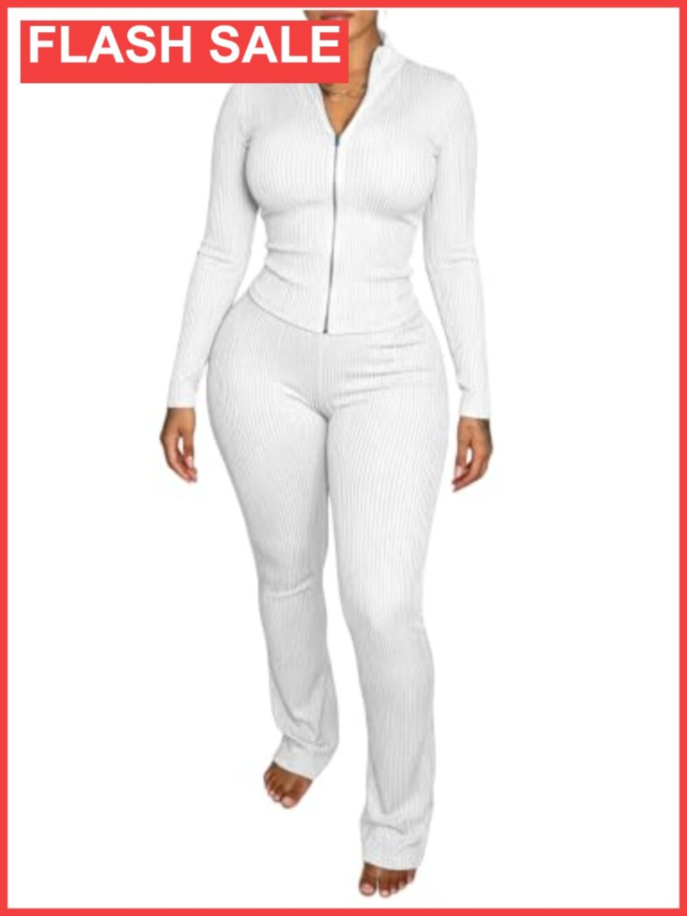 Ulovmi 2 Piece Ribbed Knit Zip Up Top Flare Pants Tracksuit Workout Set